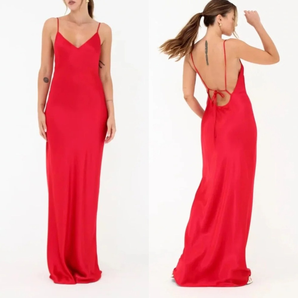 Rumored Womens Red Satin Maxi Slip Dress Size Medium V Neck Open Tie Back NWT